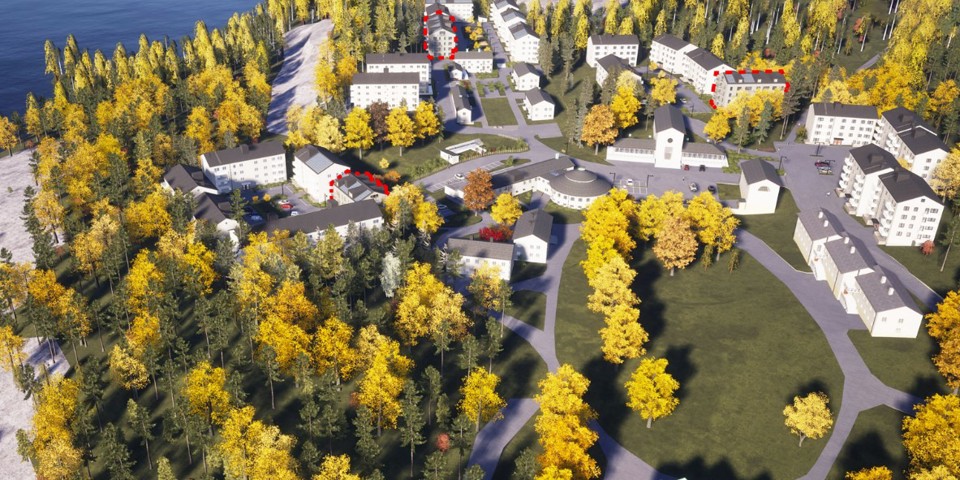 Flygvy från 3D-modellering. Befintliga huskroppar och träd och grönska omkring visas. I övre vänstra hörnet syns Mälaren.